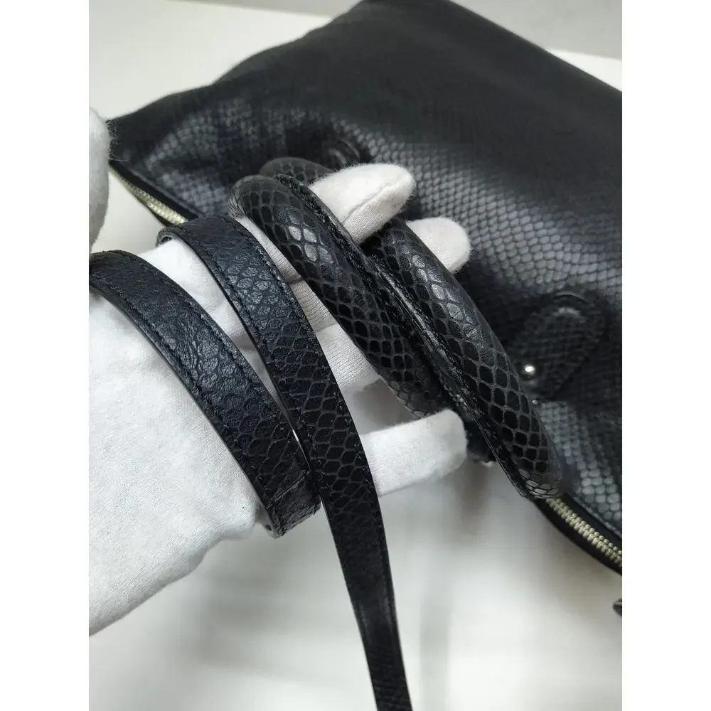 Cole Haan Black Leather Snakeskin Embossed Double Handles Satchel Bag